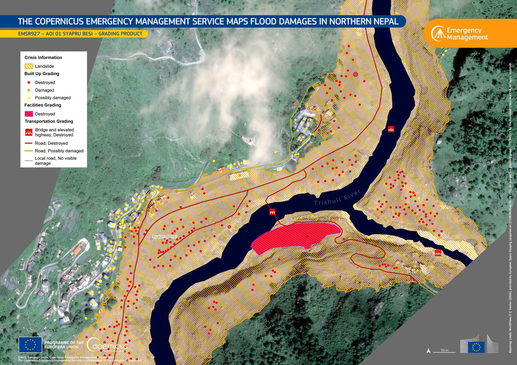 Copernicus Emergency Management Service damage map of Syapru Besi, Nepal, marking destroyed and damaged buildings, destroyed roads and bridges, and landslide extent along the Trishuli river